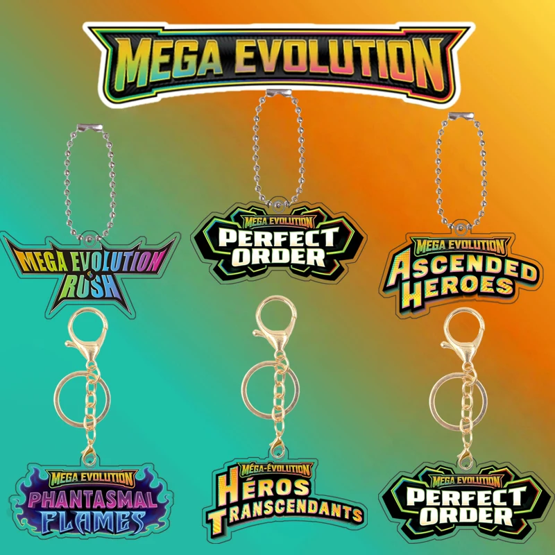 Фото Акриловый брелок для ключей с логотипами героев серии Mega Evolutions (английская и французская версии) 1, 2, 3, аниме-брелок, подвеска для сумки, подарок №1