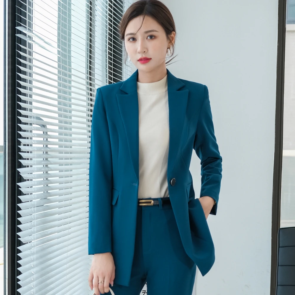2022 Korean Autumn Formal Ladies Blue Blazer Women Business Suits with Sets Work Wear Office Uniform Large Size Pants Jacket