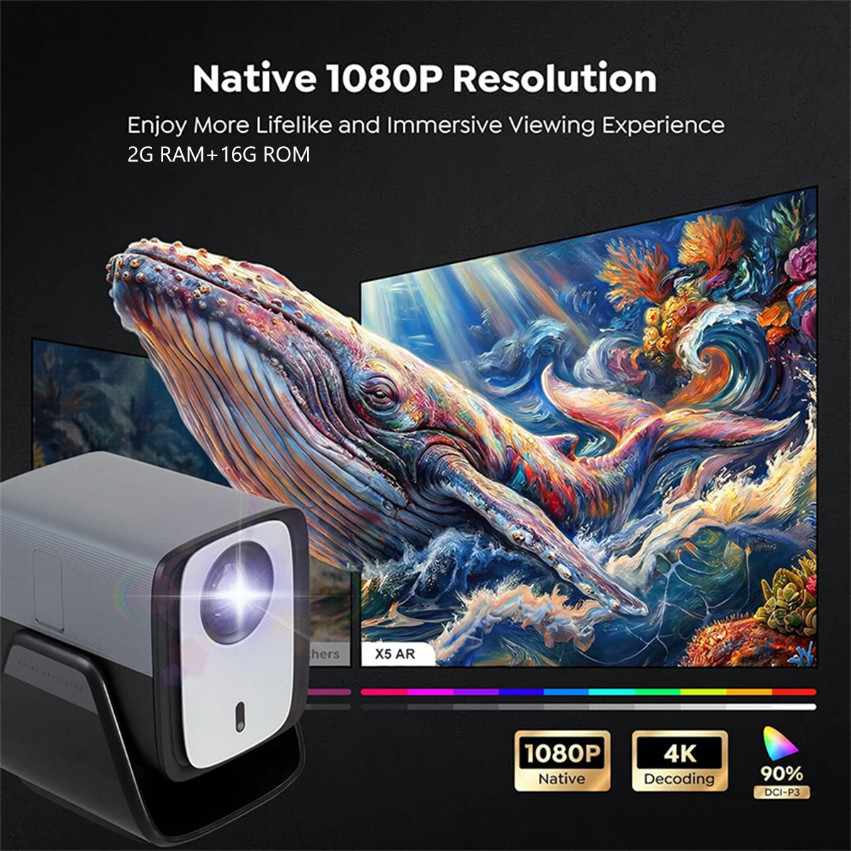 Фото Проектор DITONG HD с поддержкой Native 1080P, 4K, WIFI6, BT5.4, Android, мини-проектор, портативный LED-проектор для домашнего кинотеатра. №2