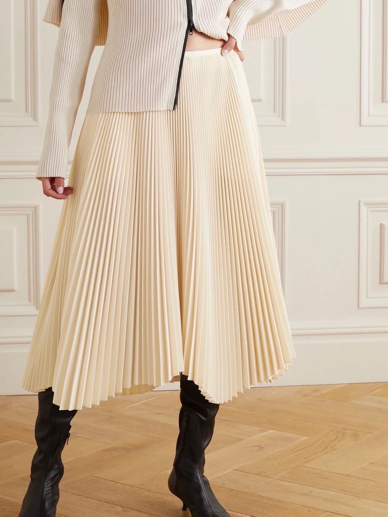 

Asymmetric Hem Design Pleated Skirt for Women Spring Summer Versatile Elastic High Waist Female Loose Midi Jupe