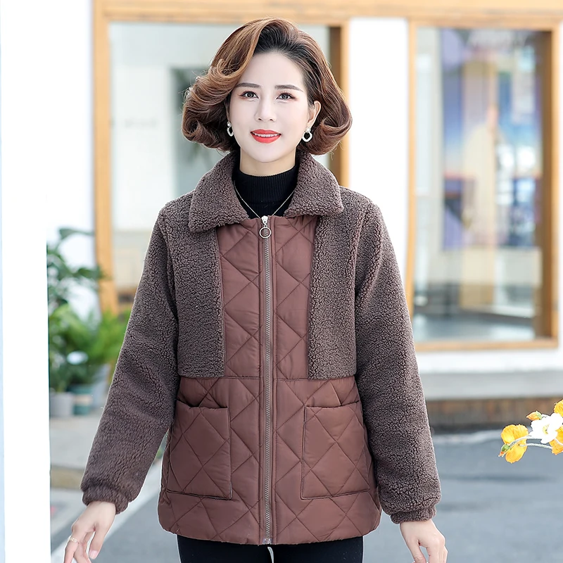 Middle-aged and Elderly Women's Coat Winter Jackets Thin Light Warm Plus Velvet Cotton Linen Lattice Jacket Outwear Mother Dress