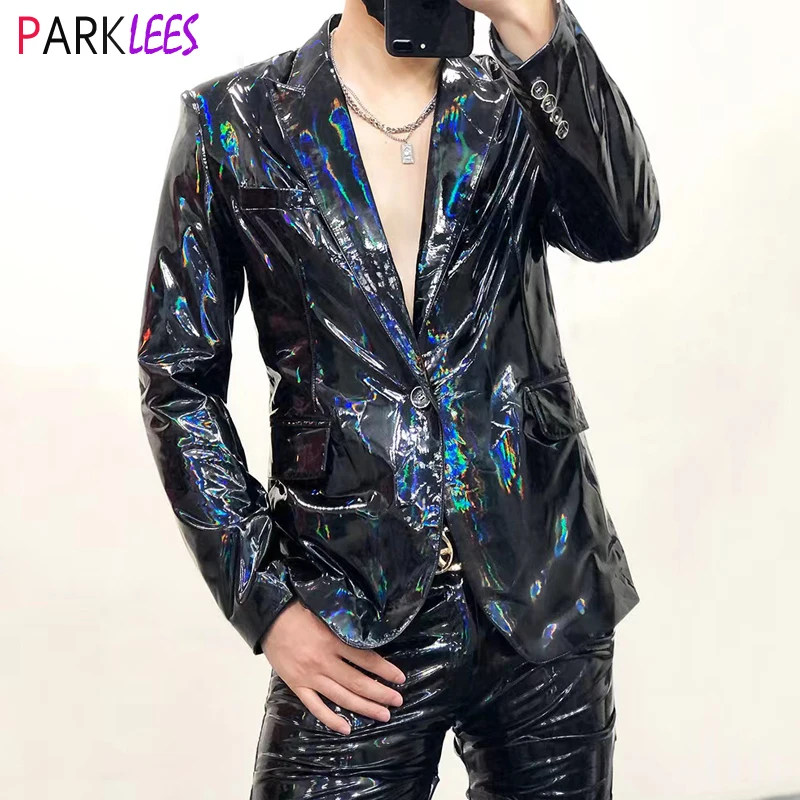 

Mens Luxury Black Colorful Metallic Blazer Jacket 70s Disco Dance One Button Slim Fit Blazers Men Prom Stage Clothes for Singers