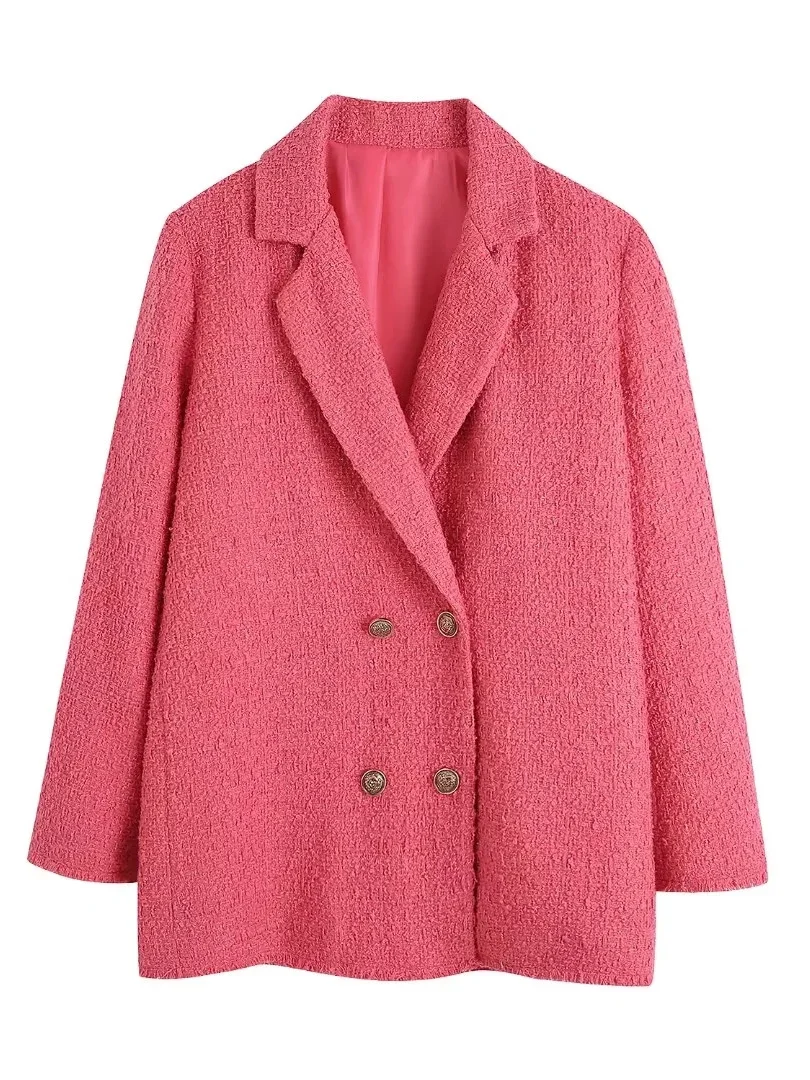 

Женский твидовый Блейзер, элегантный однотонный двубортный пиджак розово-Красного цвета для офиса, винтажная верхняя одежда для весны