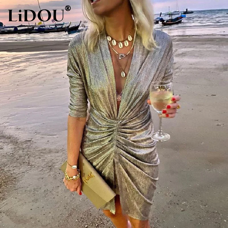 

Spring Summer Deep V-neck Sexy Sequins Folds Bodycon Dress Ladies Elegant Fashion Evening Party Midi Dresses Vestidos De Fiesta