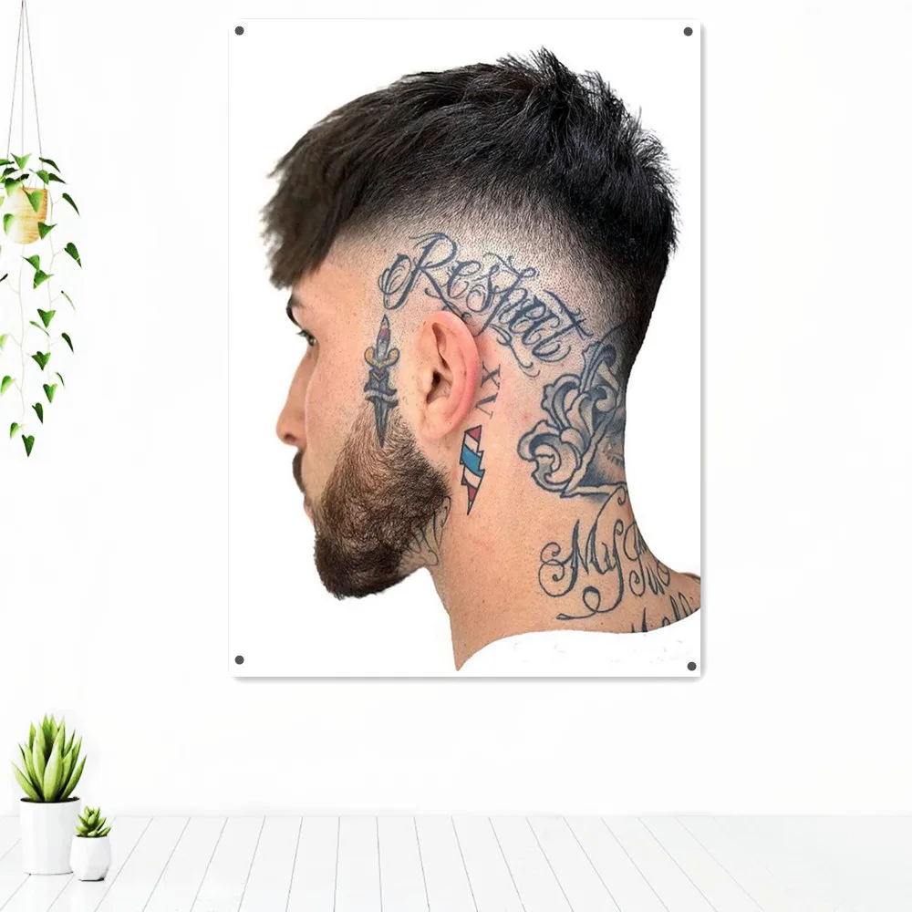 

Side of Head Tattoo Art Poster Banner Tapestry Mural Men's Short Hairstyle Barber Shop Home Decor Painting Wall Hanging Flag