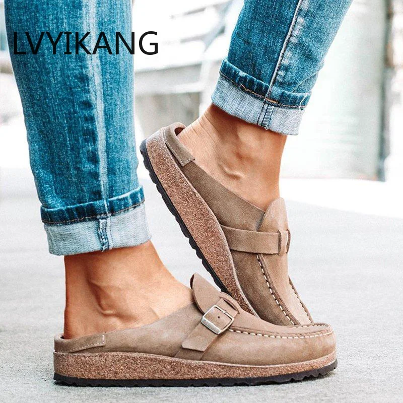 

Women Retro Sandals 2022 Summer Slip On Casual Comfy Leather Buckle Suede Ladies Flat Shoes 35-43 Soft Female Flat Slipper Shoes