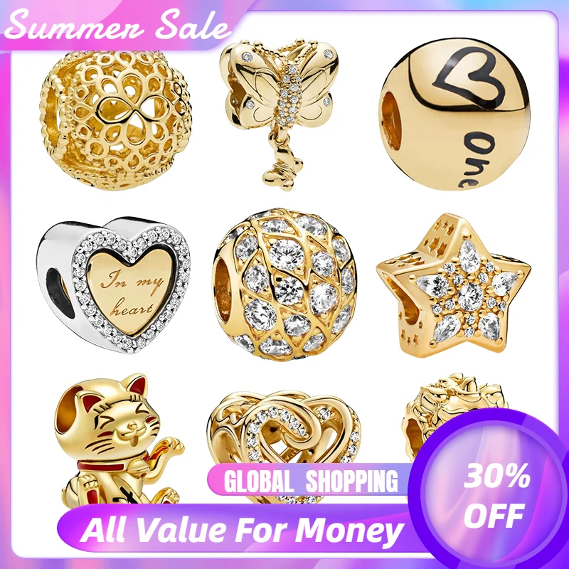 

18K блестящие золотые бусины для рукоделия, браслеты «сделай сам», женские серебряные ювелирные изделия 925, подвески в виде цветка, бабочки, и...