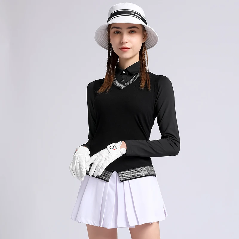 Swan Love Golf Women's Knitting Vest Slim Long Sleeve Top Golf Ladies Shirt Sports Pleated Skirt Golf Wear Women Fall Winter