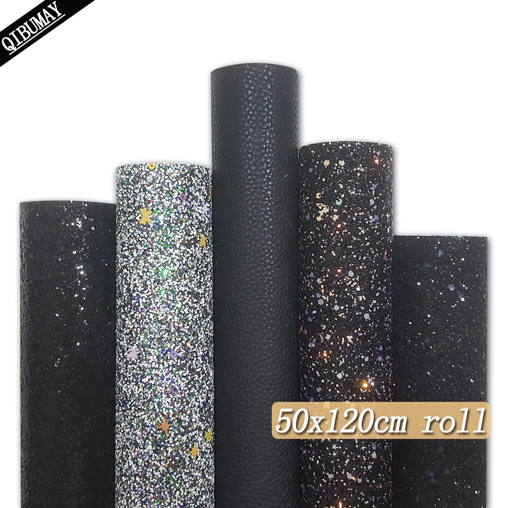 

QIBU 50x120cm Black Faux Leather Roll Solid Color Big Size Chunky Glitter Fabric By Yrad Crafts Material For Clothes DIY Hairbow