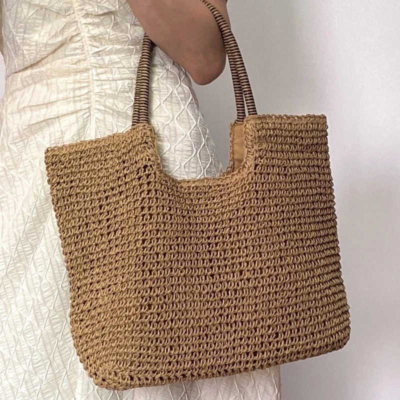 2023 New Beach Knitting Straw Bag Luxury Designer Large Capacity Hollow Out Travel Tote Handbag Unique Square Shoulder Bag Woman