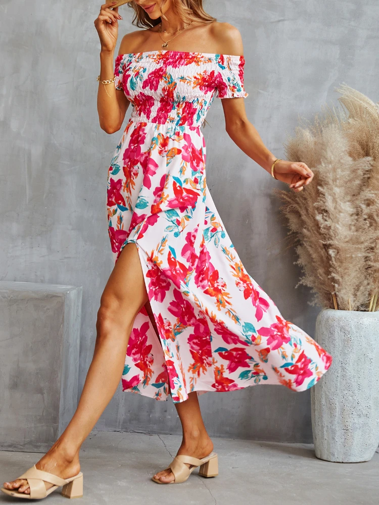 

Женское платье с открытыми плечами, Элегантное Длинное платье с цветочным принтом и коротким рукавом, с разрезом, весна-лето 2022