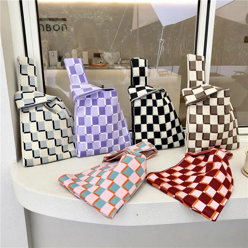

2022 New Spring Knitted Checkerboard Bag Korean Women Girs Houndstooth Handbag High Quality Females Leisure Shopper Bag Totes