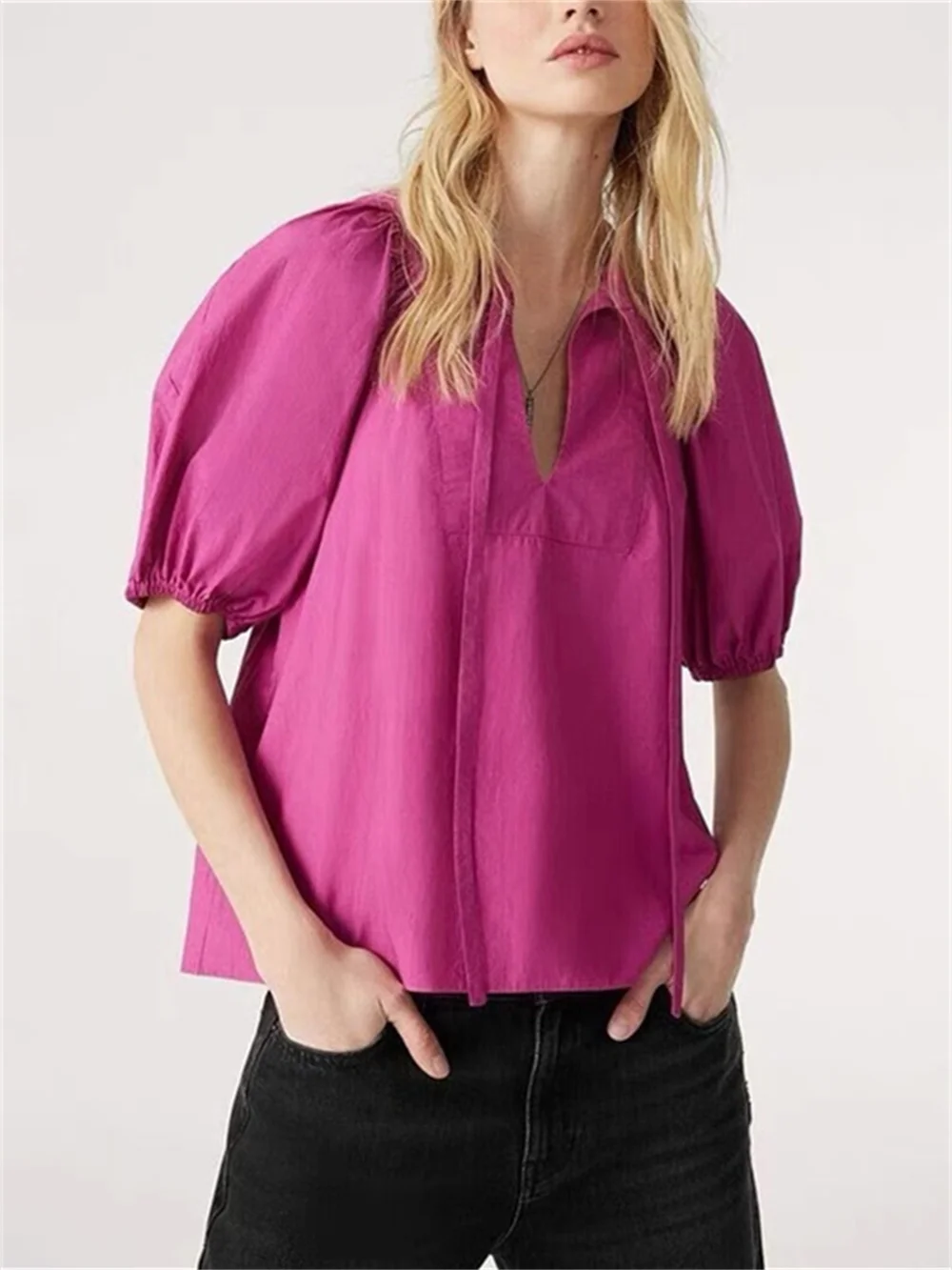 

100% Cotton Women Puff Sleeve Shirts Summer 2023 New Fresh Sweet Lace Up O-Neck Ladies Solid Color Blouse All-Match