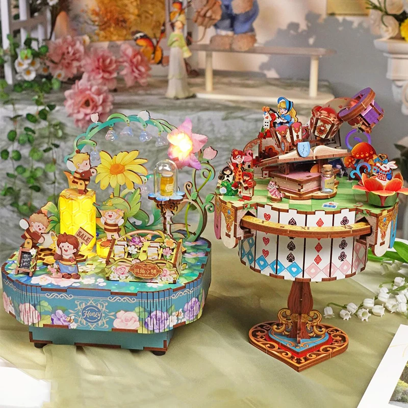 DIY 3D деревянная принцесса в стране чудес пчелы вечерние музыкальная шкатулка