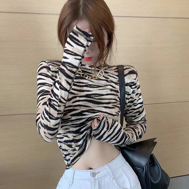 

New Women's Spring and Autumn Fashion Slim Long-sleeved Versatile Striped Design Zebra Pattern Bottoming Shirt 2021