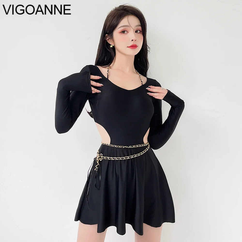 

VigoAnne Solid Hollow Swimwear Women 2022 Long Sleeve Push UP One Piece Swimsuit Korean Slimfit Monokini Summer Bathing Suit