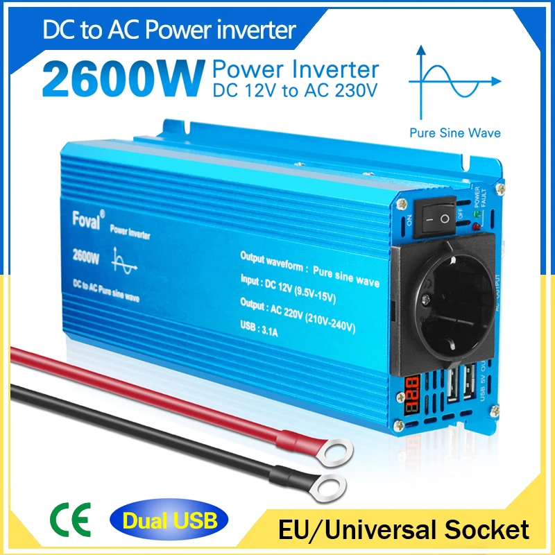 

Pure Sine Wave 1300W/2600W DC 12V To AC 220V Car Plug Power Inverter Adapter Converter With 3.1A Dual USB EU/Universal Socket