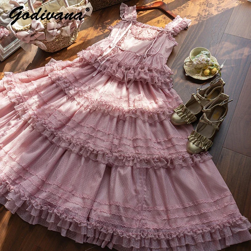 Женское милое розовое сетчатое кружевное многослойное длинное платье в горошек