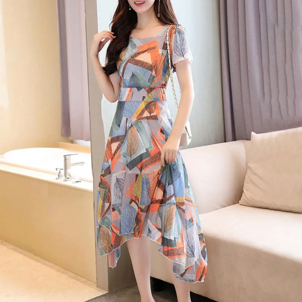 

Fashion Floral Dress Women Spring Autumn V Neck Short Sleeve Loose Chic Printed Dresses