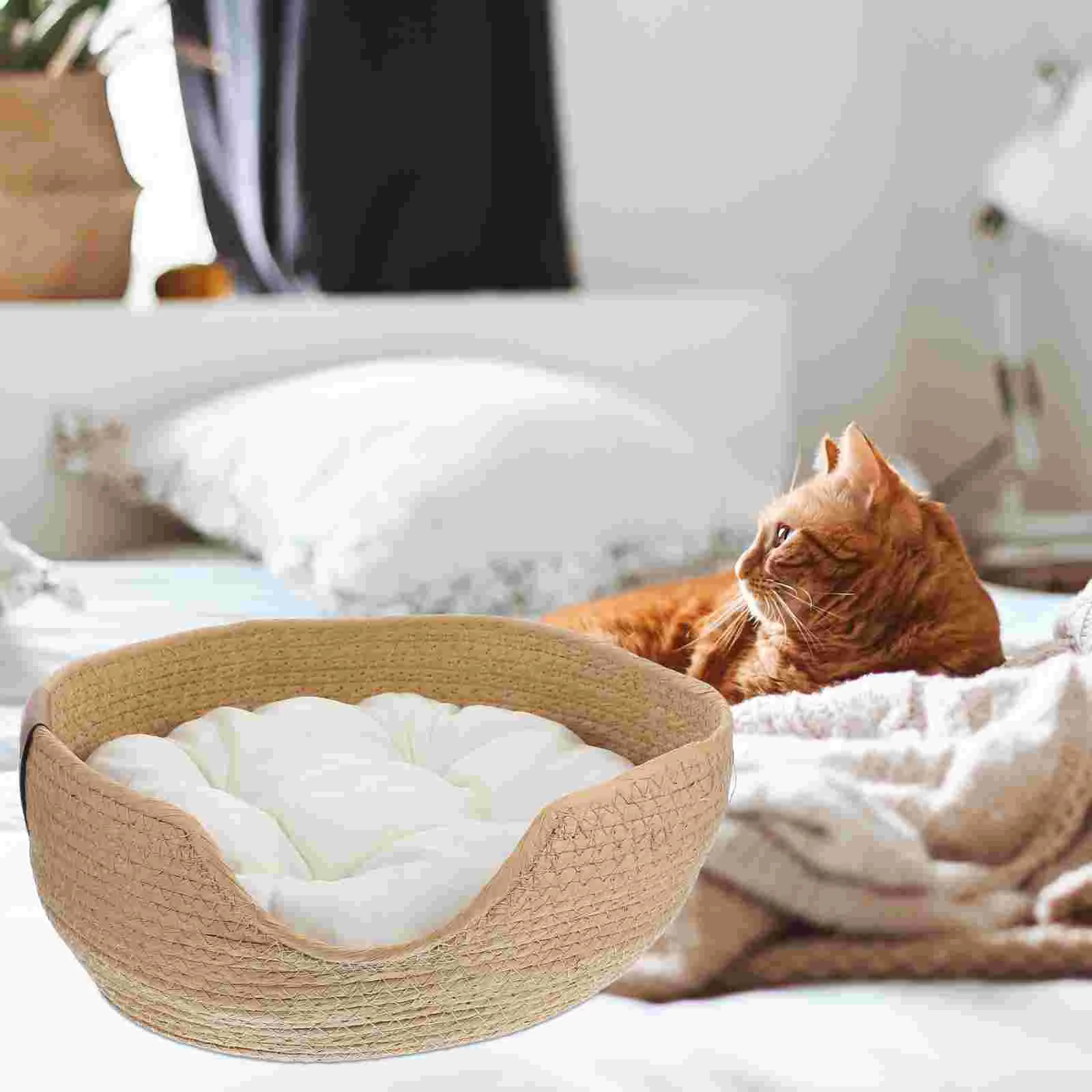 Соломенное гнездо удобные кровати для кошек собак тканый котенок сна с хлопковым