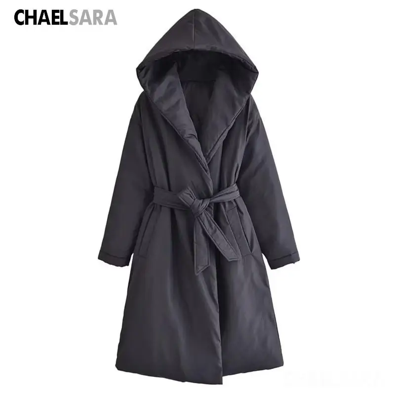 

2023 New Autumn Winter Parkas Women Casual Warm Hooded Jacket Coat Female Casual Loose With Belt Black Outwear