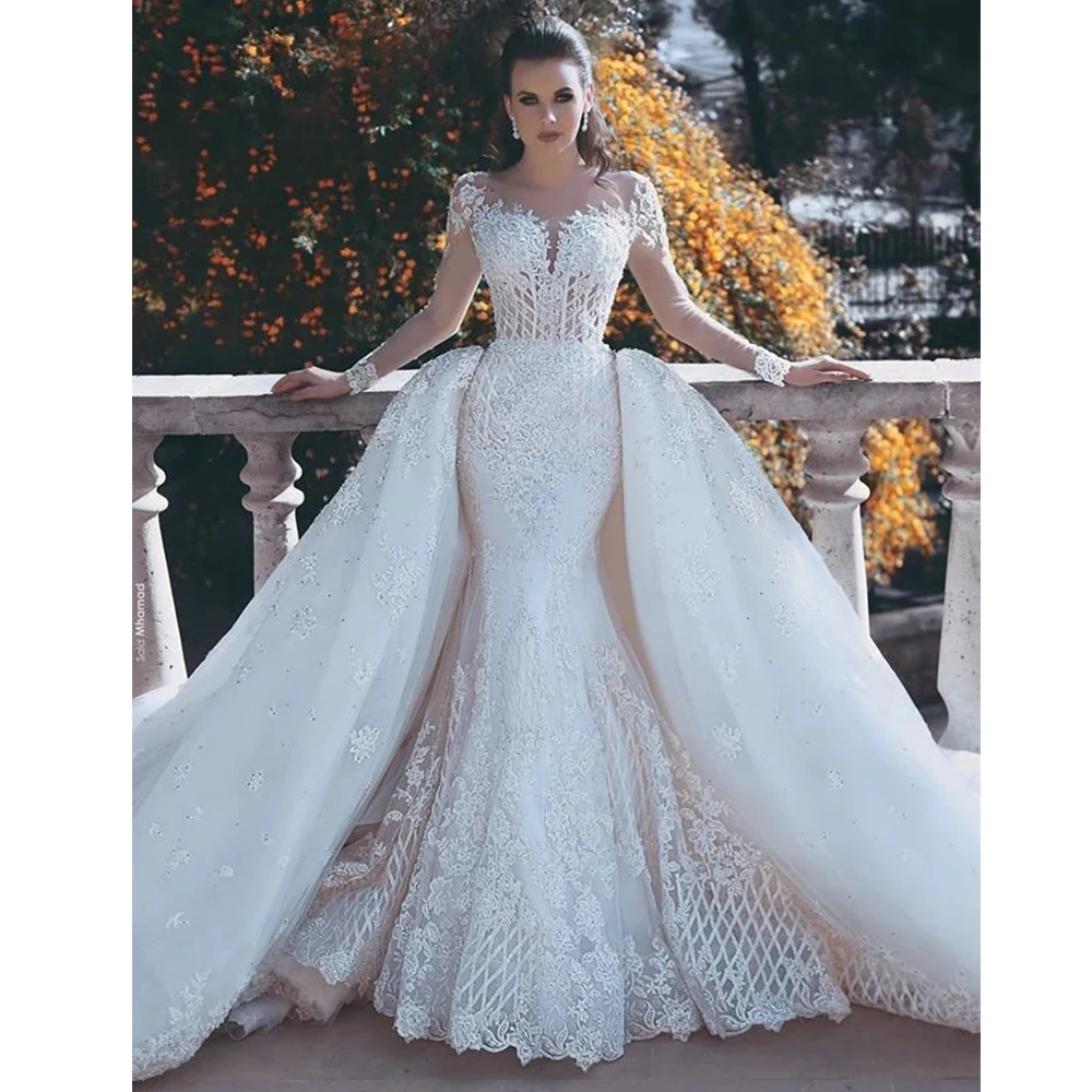 Abiti Da Sposa In Pizzo Da Donna A Sirena Applique In Pizzo Staccabile Manica Lunga Elegante Sweetheart Sexy Backless Princess Bride Gowns