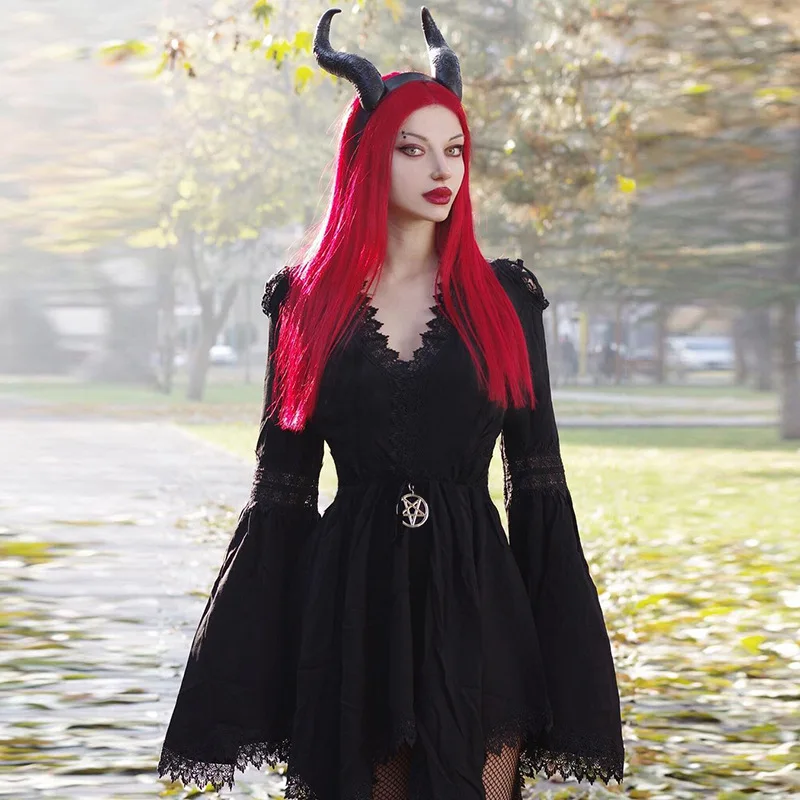 

Goth Dark Mall Gothic Aesthetic Women Aline Dresses Grunge Black Lace Patchwork Irregular Hem Dress Punk Flare Sleeve Streetwear