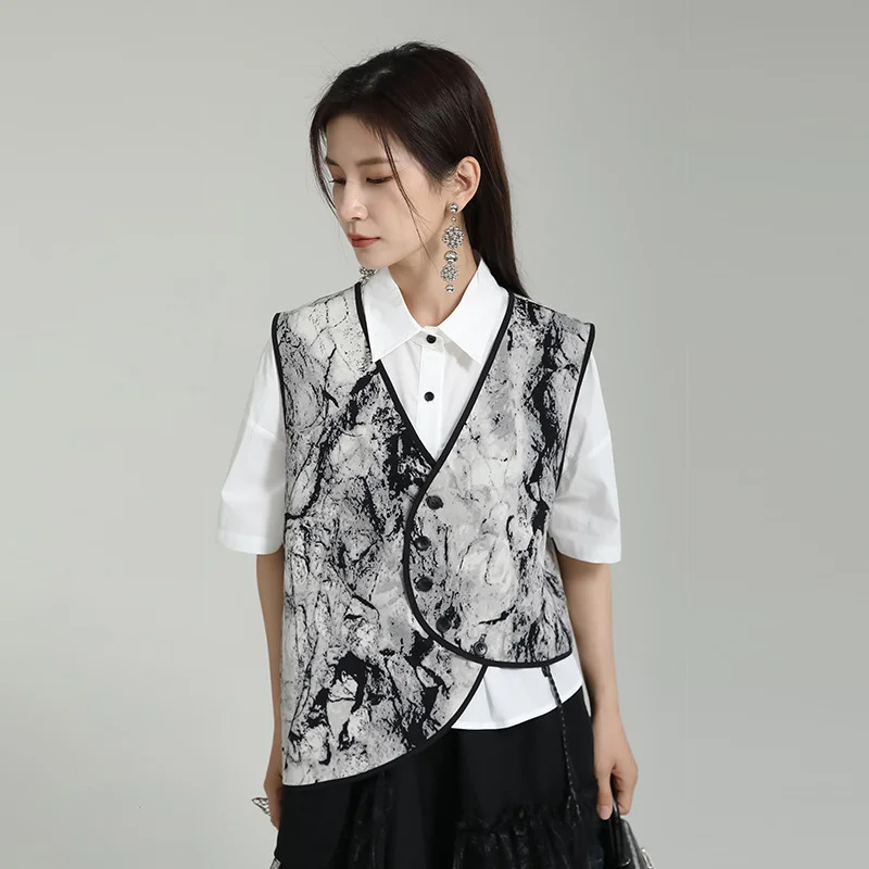 

Women Waistcoat V-neck Retro Coats Ink Color Vests Irregular Jacket Slim Fashion Age Reduction Street Trendy Sleeveless Cardigan