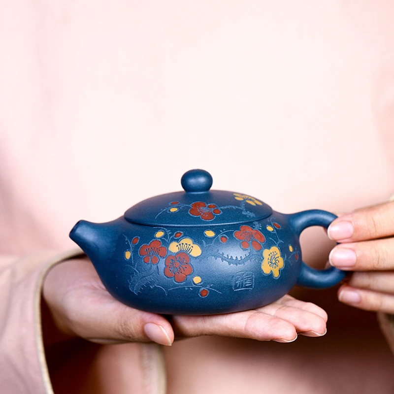 

handmade tea pot real yixing zisha tianqing clay wintersweet carved marked xishi pot on sales original ore tea brewer 180ml new