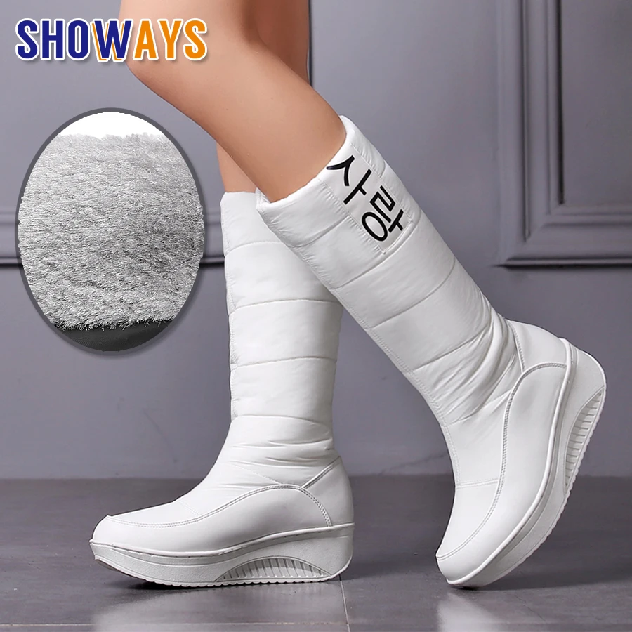 

2022 Winter Women Snow Boots Platform Wedge Med Heels Round Toe Black White Down Plush Casual Travel Lady Slip-on Mid-calf Boots