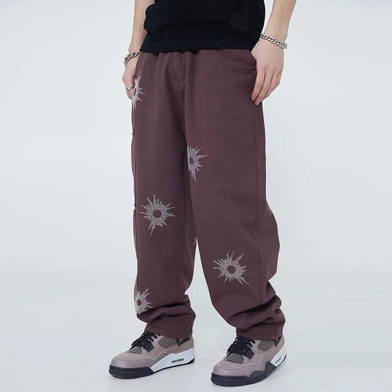 

Rhinestone Decorate Retro Streetwear Casual Mens Denin Trousers High Street Straight Harajuku Frayed Hip Hop Baggy Jeans Pants