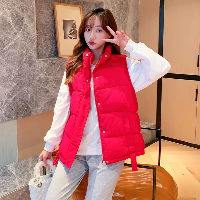 

2021 New Winter Chalecos Para Mujer Winter Jacket Women Long Vests New Korean Stand-up Collar Cotton Waistcoat Female Red