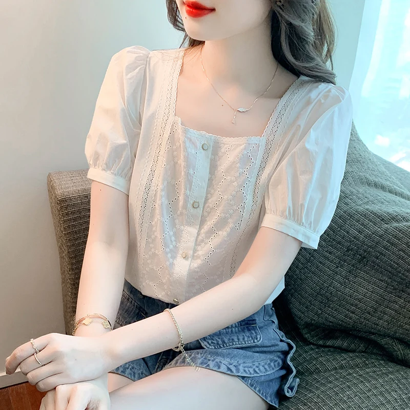 

White Lace Embroidery Women Blouse 2022 New Summer Elegant Square Collar Female Blouses Fashion Puff Short Sleeve Woman Top