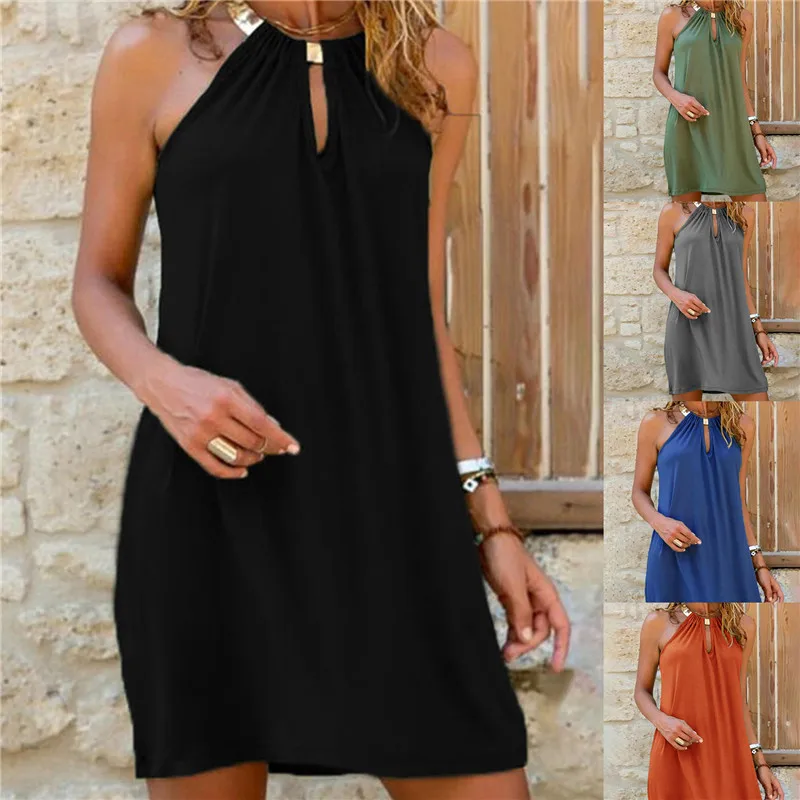 

Women Sexy Round Neck Sleeveless Dress Casual Office Skirt Soild Color Party Clothes Summer Skirt