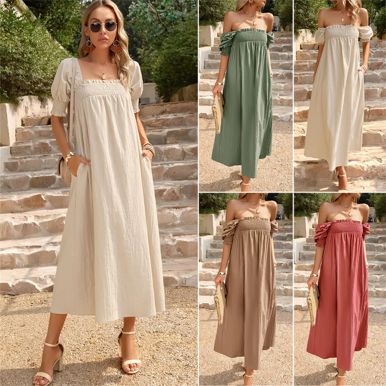 

Women Summer Fashion Square Collar Solid Color Elastic Fold Pocket Temperament Elegant Casual Dresss Robe Dresss