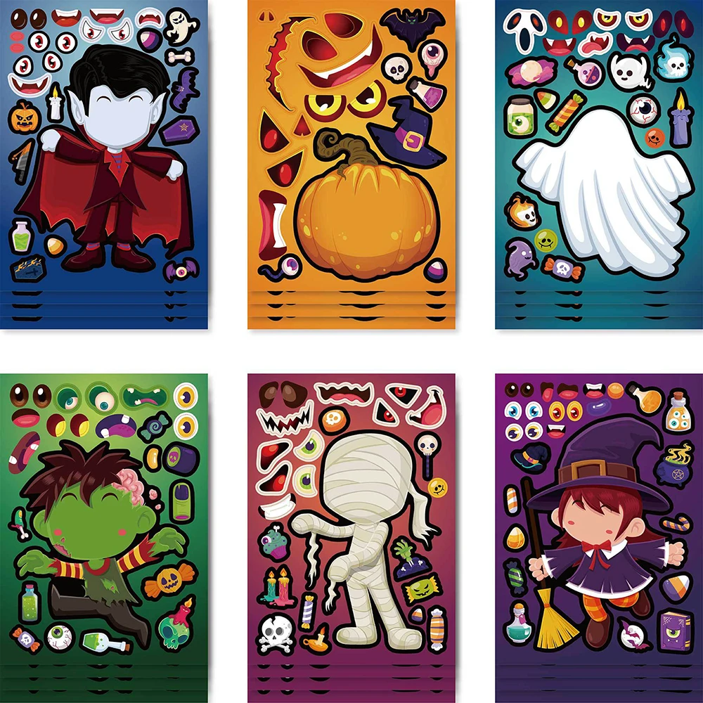

6/12Sheets Make a Face Halloween Puzzle Sticker Toy DIY Pumpkin Ghost Assemble Jigsaw Kids Educational Game Children Party Favor