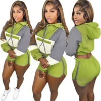ladies two piece spring and autumn fashion striped stitching long sleeved hooded sweater sweater shorts sports suit women