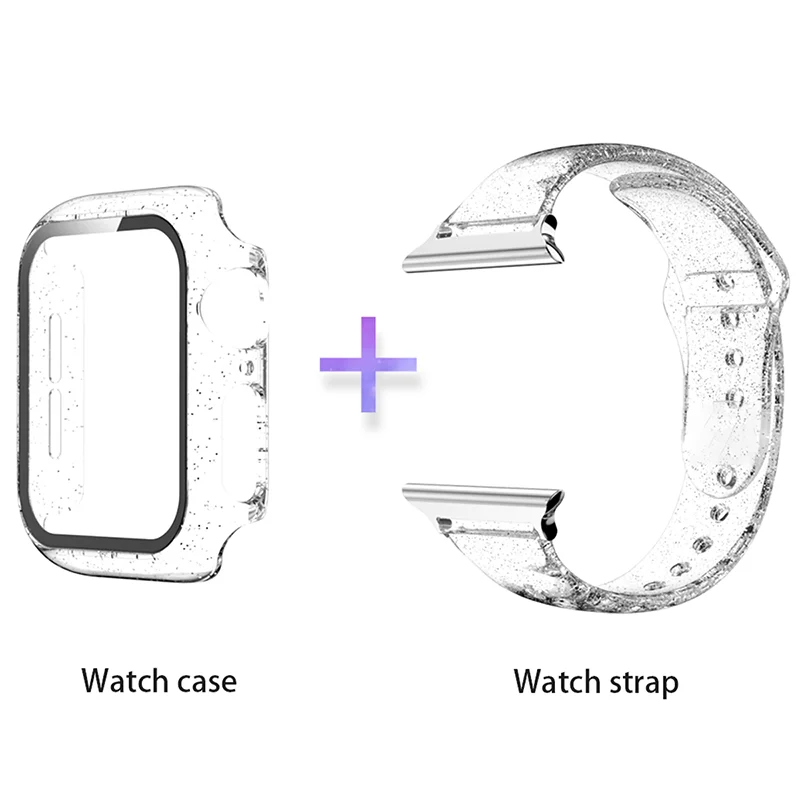 Glitter Strap+Tempered Glass Case For Apple Watch band 42mm 38mm 40mm 44mm Transparent Slim Silicone Bracelet iWatch SE 6 5 4 3
