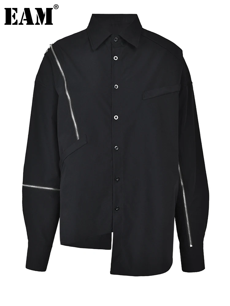 

[EAM] Women Black Zipper Irregular Big Size Blouse New Lapel Long Sleeve Loose Fit Shirt Fashion Spring Autumn 2023 1DF743301