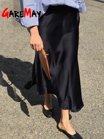 Summer Silk Satin Midi Skirt for Women 2023 New Elegant High Waist A Line Solid Office Balck Long Skirt Women Vintage