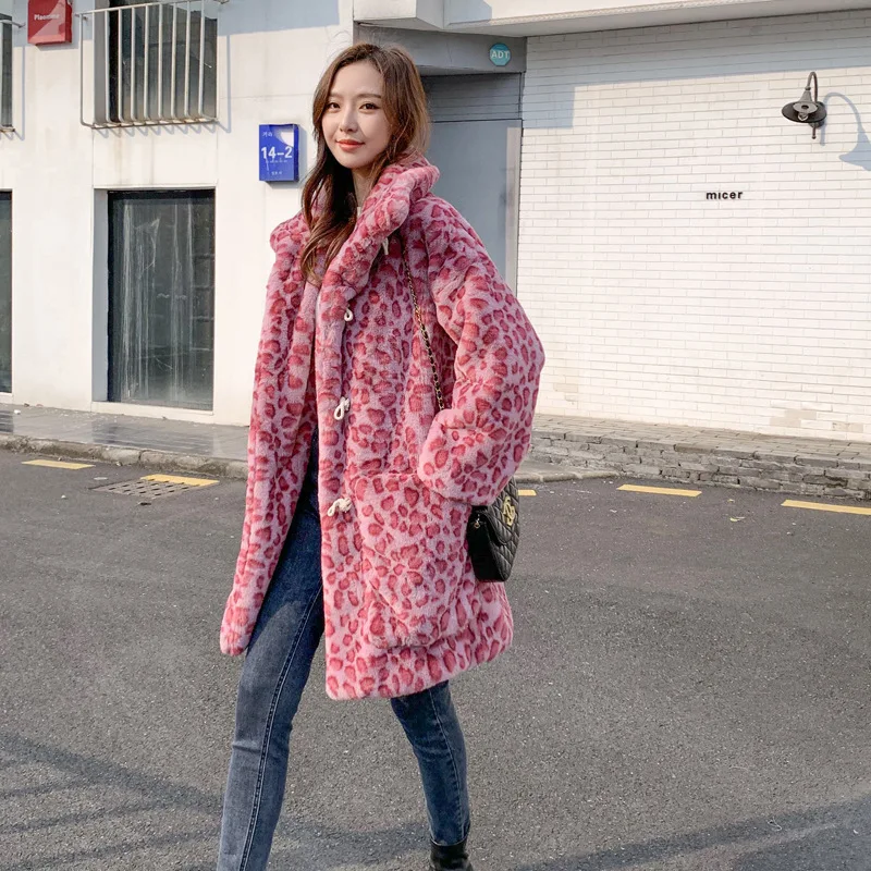 Winter Women's Rose Pink Leopard Faux Fur Medium Long Occupy Loose Coat Cow Horn Buckle Coat