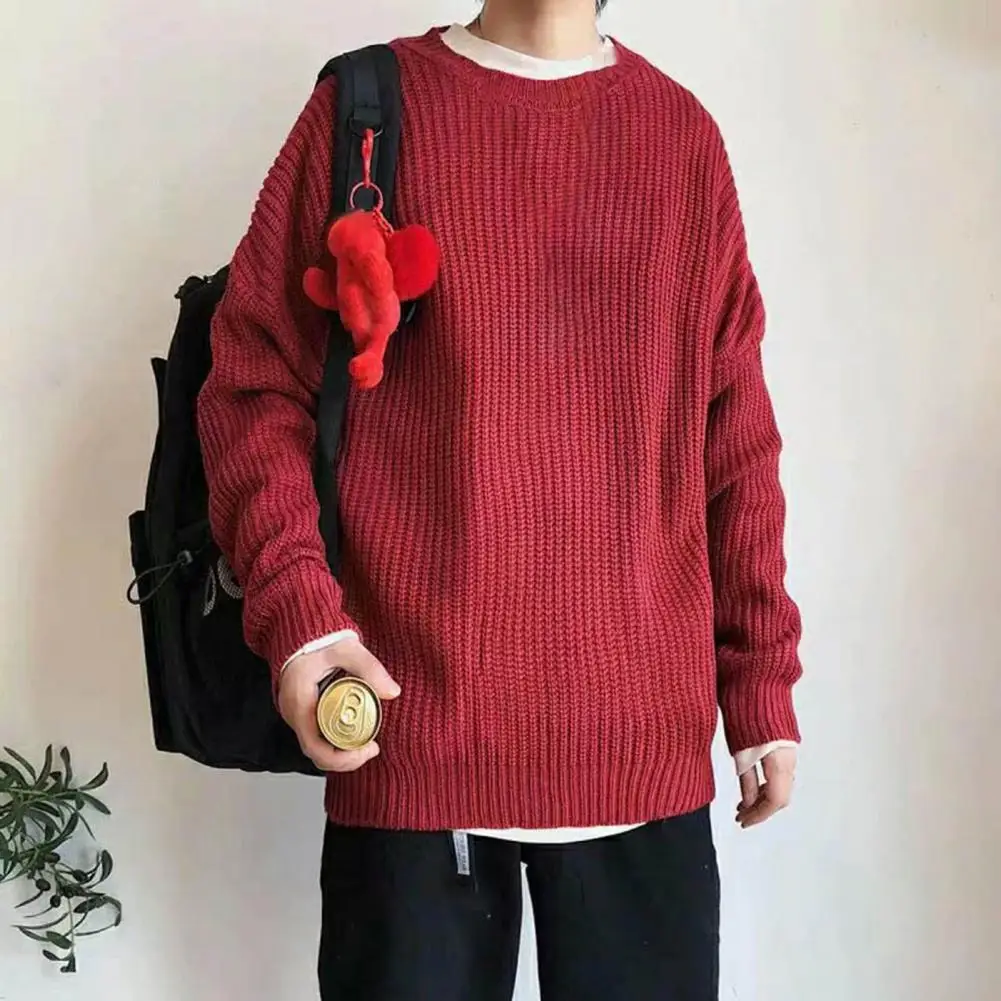 

Solid Color Oversized Round Neck Men Sweater Casual Long Sleeve Winter Sweater Young Style Anti-shrink Sweater for Daily Wear