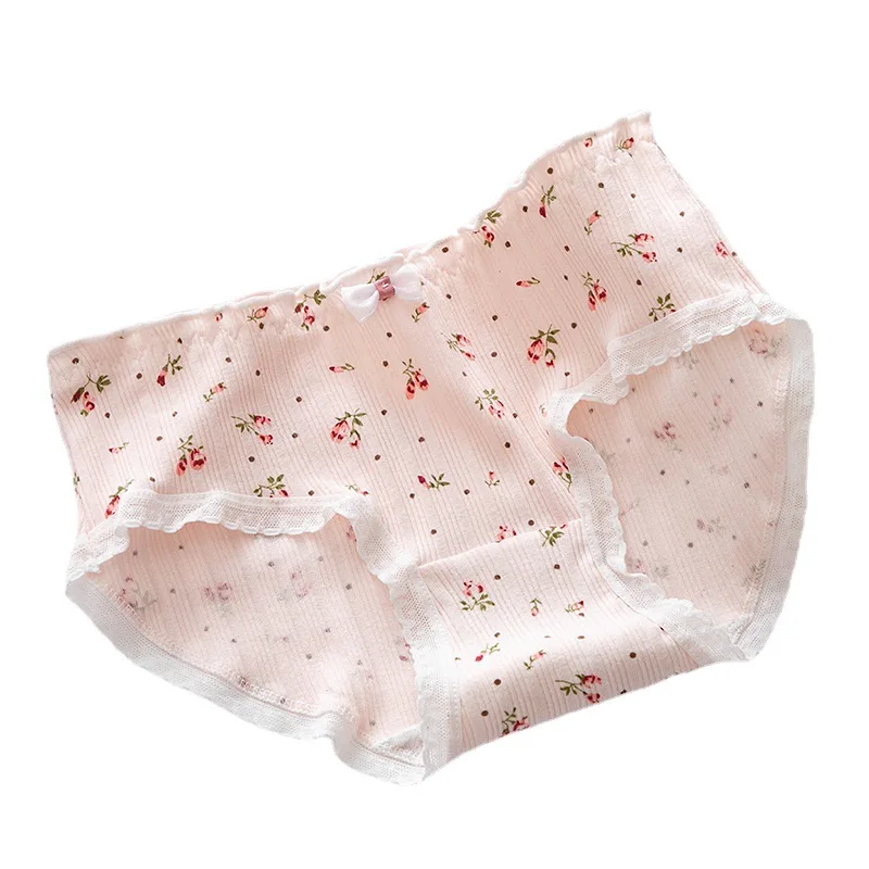 6 piece / set Bow lace edge small broken flower pattern striped underwear pure cotton crotch middle waist girls' briefs