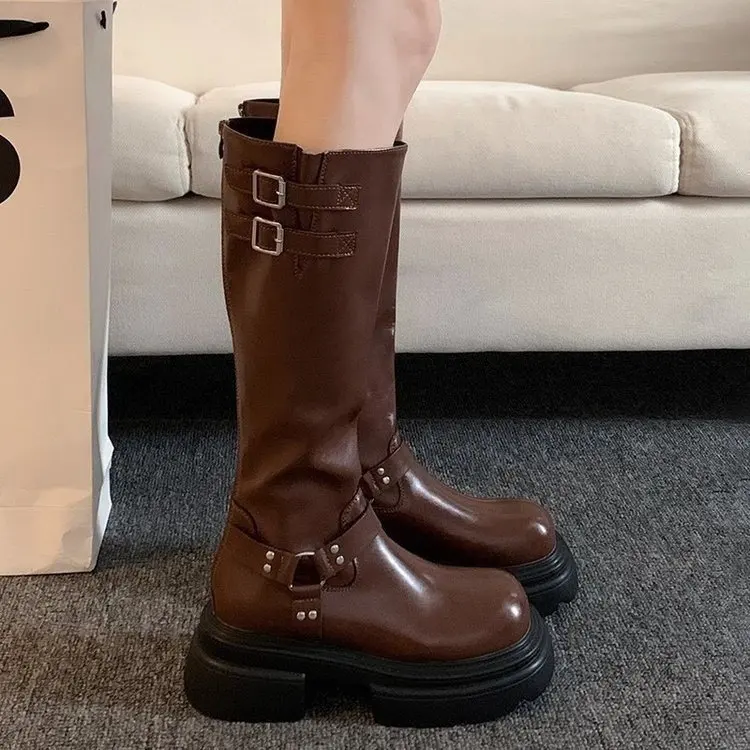 

Med Heel Boots Women's Shoes Platform Boots-Women Round Toe Luxury Designer Clogs 2023 Lolita Autumn Rubber Ladies Over-the-Kne