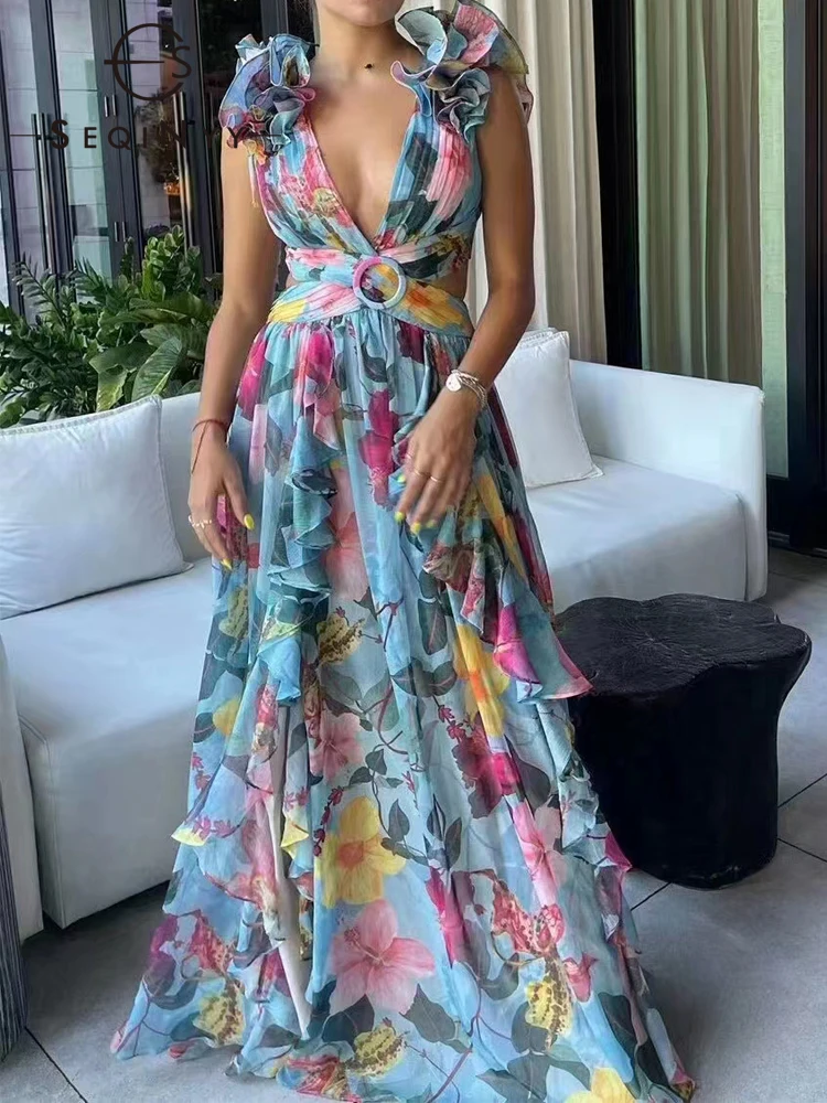 

Женское праздничное платье-миди SEQINYY, летнее, весеннее, новое, модное, дизайнерское, подиумное, уличное, винтажное, ажурное платье с цветочным принтом и оборками