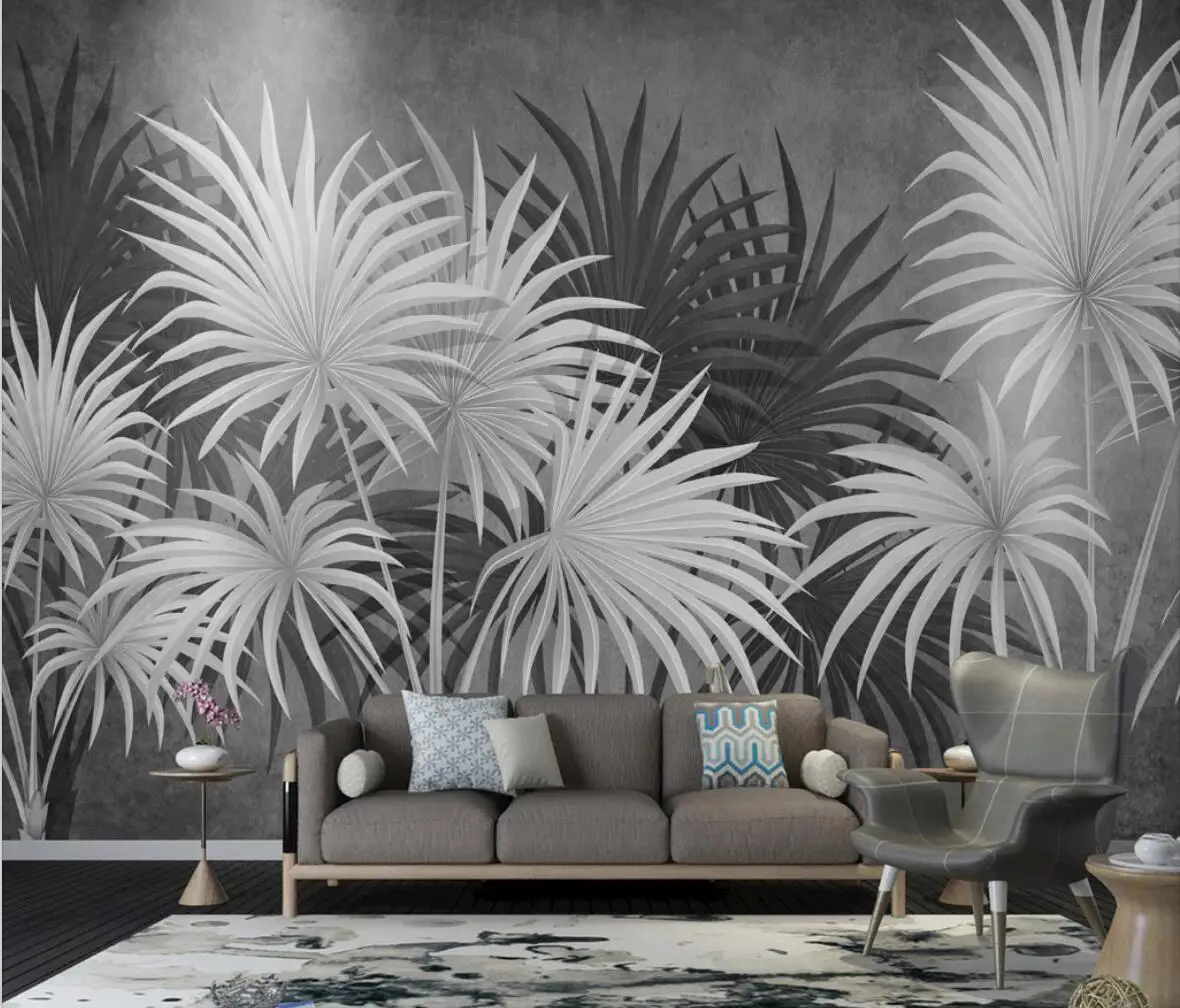 

beibehang Papier peint 3d personnalisé peint à la main nordique noir et blanc gris plante feuilles mur de fond 3d wallpaper