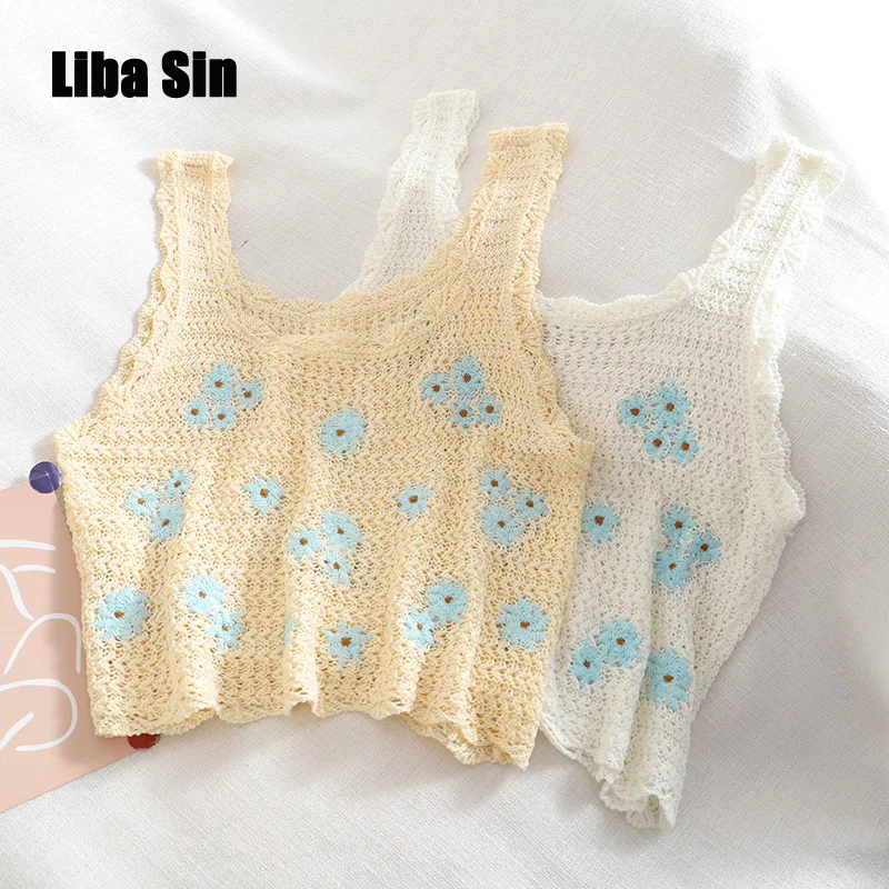

Женский летний трикотажный свитер Liba Sin, короткий топ без рукавов с открытым пупком, кружевной топ с завышенной талией и цветочной вышивкой