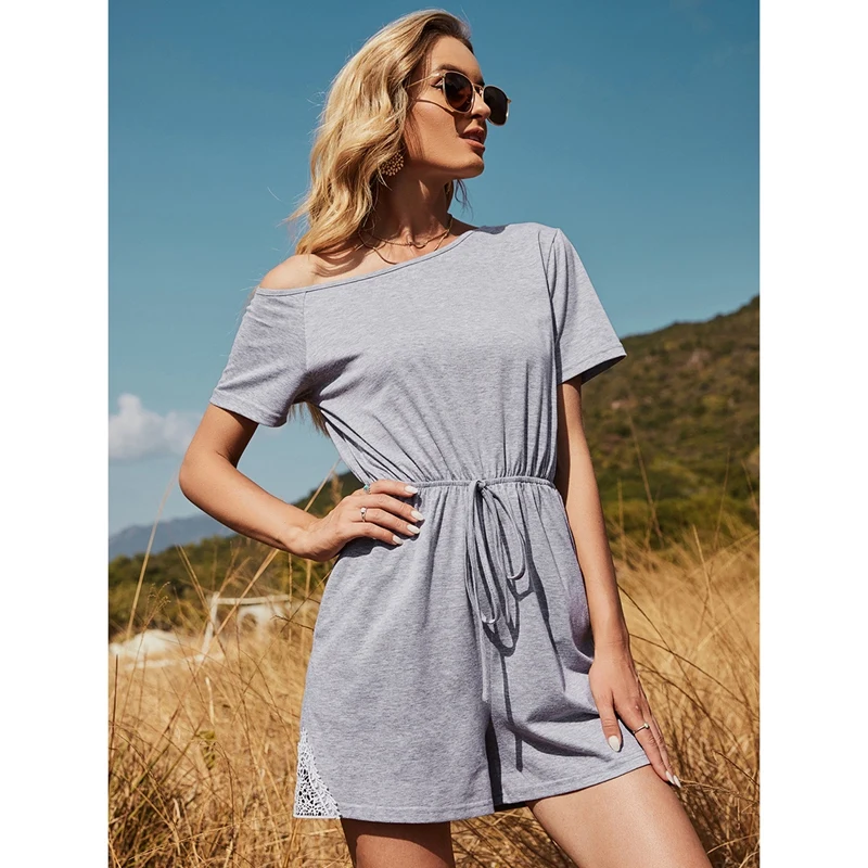 

Women's Fresh And Sweet Oblique Shoulder Waistband Lace Stitching Jumpsuit Gray
