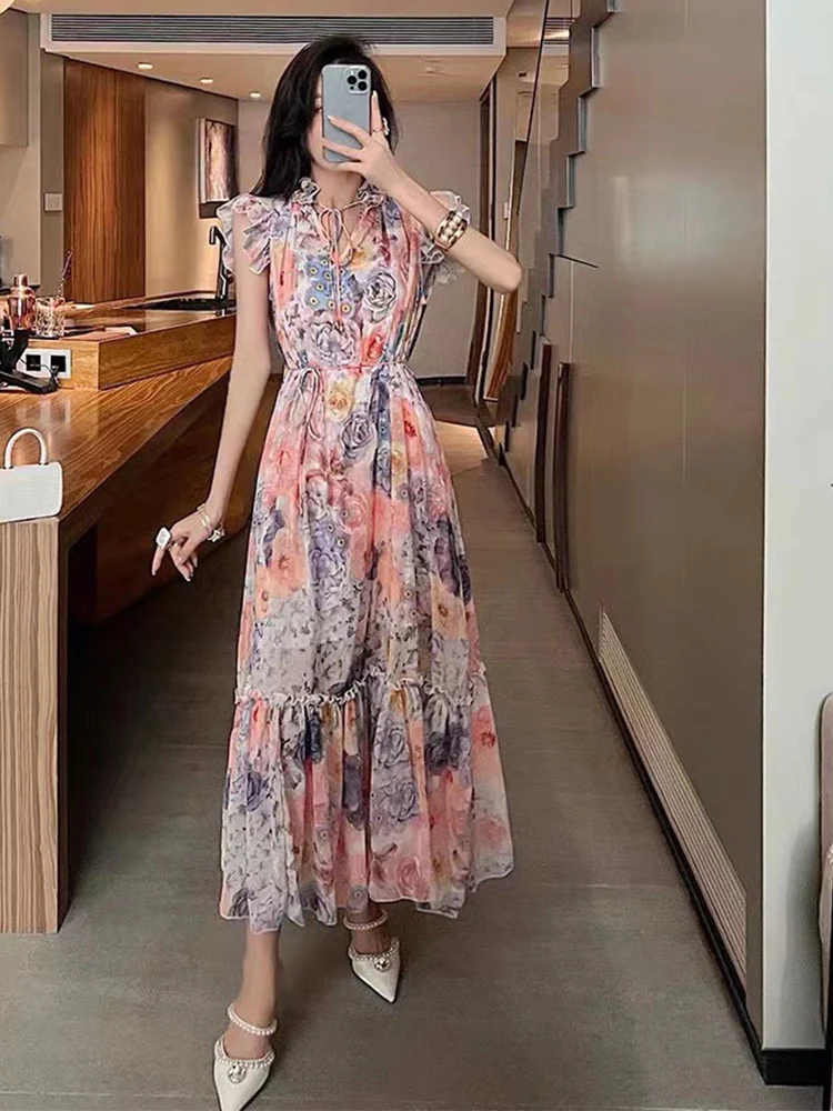 

Retro Design Sense Niche High Sense 2022 Summer New Chiffon Lace-Up Ruffles Flying Sleeves Floral Dress Summer Girl