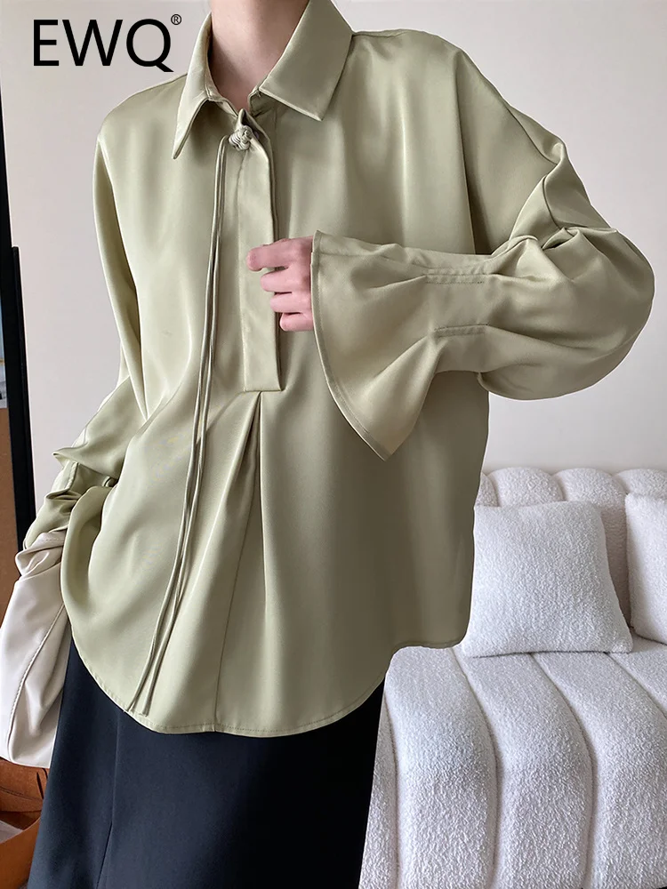 

EWQ French Style Lace-up Design Shirt For Women Lapel Flare Sleeve Elegant Blouses Tops Female Tops 2023 Autumn New 26D1908